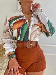 Print Long Sleeves Buttoned Deep V-Neck Shirts Top +Belted Shorts Bottom Two Pieces Set