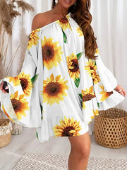 Flower Print Layered Ruffled Flared Sleeves Long Sleeves One-shoulder Mini Dresses