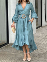 Pleated Solid Color High-Low Puff Sleeves Lapel Collar Maxi Dresses