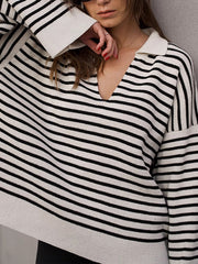 Split-Joint Striped Long Sleeves Loose Lapel Sweater Tops