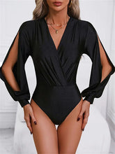 Hollow Pleated Solid Color Split-Joint High Waisted Long Sleeves V-Neck Bodysuits