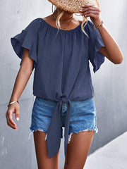 Elasticity Falbala Pleated Solid Color Tied Loose Short Sleeves Round-Neck T-Shirts Tops