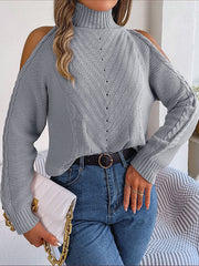 Solid Color Split-Joint Long Sleeves Loose Cold Shoulder Sweater Tops