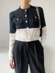 Buttoned Contrast Color Long Sleeves Round-Neck Cardigan Tops