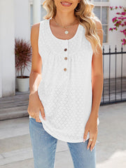 Buttoned Pleated Split-Joint Loose Sleeveless Round-Neck Vest Top