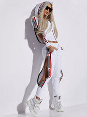 Letter Print Split-Side Zipper Long Sleeves Hooded Jackets+Pants Two Pieces Set