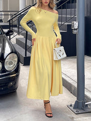 Pleated Solid Color Split-Front High Waisted Long Sleeves One-Shoulder Maxi Dresses