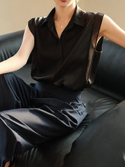 Buttoned Solid Color Split-Joint Loose Sleeveless Lapel Blouses&Shirts Tops