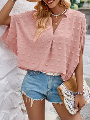 Jacquard Solid Color Batwing Sleeves Half Sleeves V-Neck T-Shirts Tops