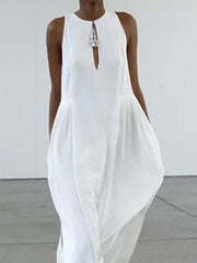 Hollow Solid Color Loose Sleeveless Round-Neck Maxi Dresses