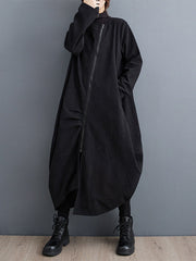 Asymmetric Pleated Polka-Dot Split-Joint Zipper Long Sleeves Loose High-neck Outerwear Midi Dresses