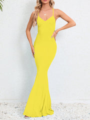 Solid Color Split-Joint Bodycon Mermaid Spaghetti-Neck Maxi Dresses