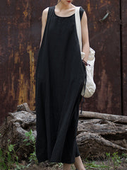 Drawstring Solid Color Split-Joint Tied Waist Loose Sleeveless Round-Neck Midi Dresses
