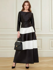 Belted Contrast Color Split-Joint A-Line Bodycon Round-Neck Maxi Dresses