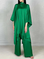 Batwing Sleeves Loose Solid Color Stand Collar T-Shirt Tops&Pants Two Pieces Set