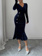 Buttoned Pleated Solid Color Velvet Bodycon High Waisted V-Neck Midi Dresses