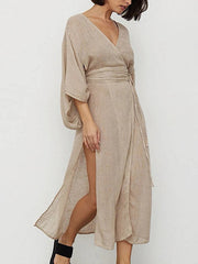 See-Through Solid Color Split-Side Tied Waist Loose Three-Quarter Sleeves V-Neck Midi Dresses