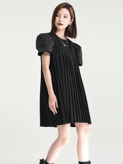 Urban Puff Sleeves Split-Joint Black Pleated Mini Dress