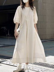 Solid Color Loose Puff Sleeves Round-Neck Midi Dresses