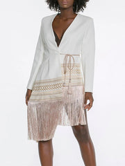 Asymmetric Embroidered Split-Joint Tasseled Tied Long Sleeves Loose V-Neck Outerwear Blazer