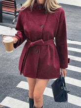 Buttoned Solid Color Split-Joint Tied Waist Long Sleeves Loose Stand Collar Outerwear Coats