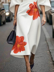 Asymmetric Floral Printed Split-Joint Three-quarter Sleeves Round-neck Midi Dresses