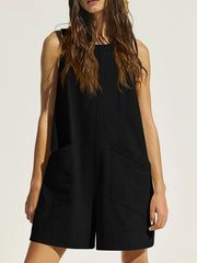 Pockets Solid Color Loose Sleeveless Round-Neck Rompers