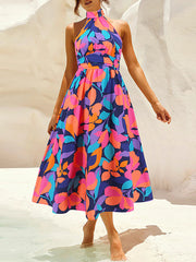 Leaves Print Pleated Split-Joint A-Line Loose Halter-Neck Midi Dresses