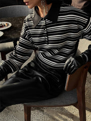 Split-Joint Striped Long Sleeves Lapel Sweater Tops