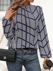 Elasticity Pleated Polka-Dot Long Sleeves Loose Mock Neck Blouses&Shirts Tops