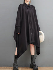Asymmetric Buttoned Pockets Solid Color A-Line High-Low Lapel Shirt Dress Midi Dresses