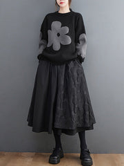 Casual Long Sleeves Loose Contrast Color Jacquard Round-Neck Pullovers