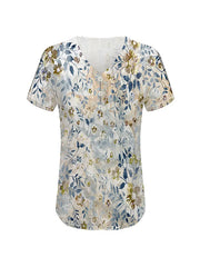 Buttoned Flower Print Hollow Loose Plus Size V-Neck T-Shirts Tops