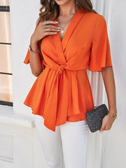 Solid Color Tied Flared Sleeves Half Sleeves V-neck Blouses&shirts Tops