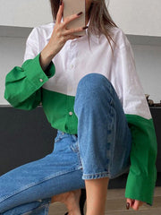 Buttoned Contrast Color Long Sleeves Loose Lapel Blouses&Shirts Tops