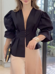 Asymmetric Buttoned Solid Color High-Low Puff Sleeves Deep V-Neck Blouses&Shirts Tops