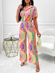 Buttoned Loose Short Sleeves Striped Lapel Shirts Top + Elasticity Pants Bottom Two Pieces Set