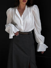 Jacquard Pleated Solid Color Split-Joint Flared Sleeves Loose Stand Collar Blouses