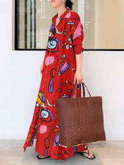 Buttoned Pockets Printed Long Sleeves Loose Lapel Shirt Dress Maxi Dresses