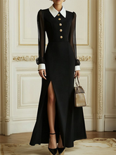 Buttoned See-Through Solid Color Split-Side Long Sleeves Lapel Shirt Dress Maxi Dresses