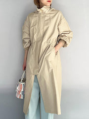 Loose Long Sleeves Drawstring Solid Color Zipper Hooded Trench Coats Outerwear