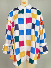 Long Sleeves Loose Buttoned Contrast Color Plaid Tied Stand Collar Blouses&Shirts Tops