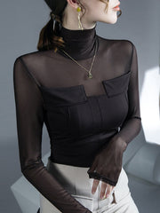 Gauze See-Through Split-Joint Long Sleeves Skinny High-Neck T-Shirts Tops