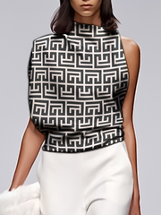 Loose Sleeveless Asymmetric Printed Stand Collar T-Shirts Tops