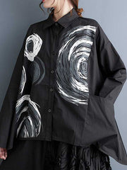 Asymmetric Printed Split-Joint Long Sleeves Loose Lapel Blouses
