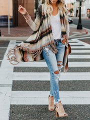 Buttoned Striped Tasseled Long Sleeves Loose Heaps Collar Cardigan Tops