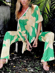 Flower Print Ribbon Loose Asymmetric One-Shoulder Shirts Top + Pants Bottom Two Pieces Set