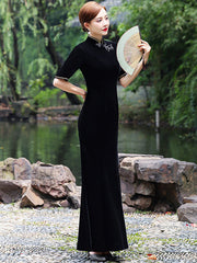 Original Applique Pleuche Stand Collar Half Sleeves Long Cheongsams
