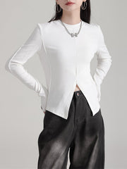 Solid Color Split-front Long Sleeves Skinny Round-neck T-Shirts Tops