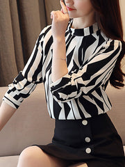 Contrast Color Printed Long Sleeves Loose Mock Neck Blouses&shirts Tops